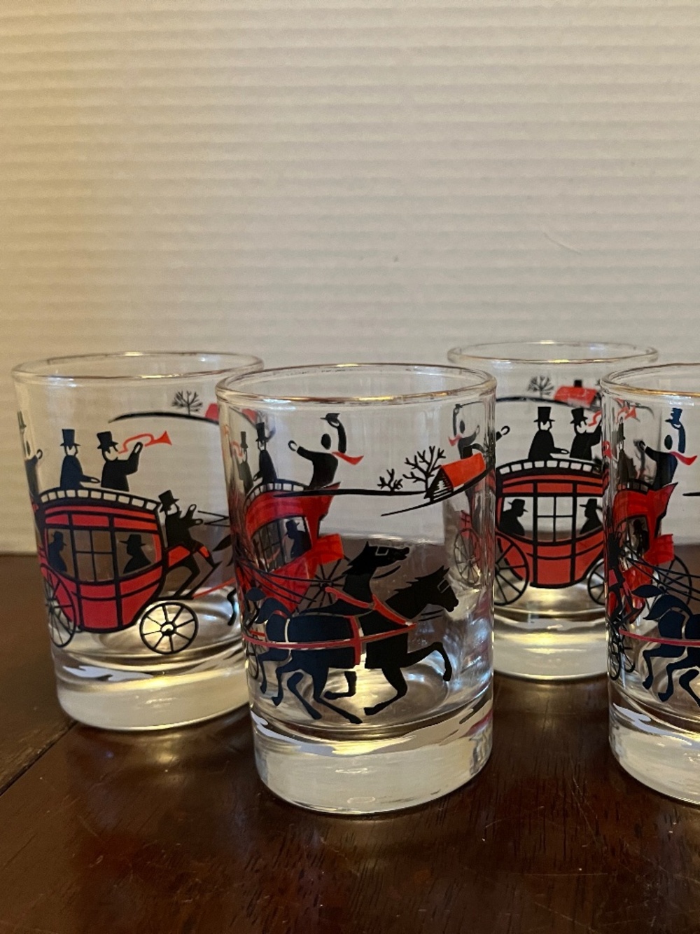 Libby Coaching Days Glasses, Set of 5 Tumblers with Red Carriage & Black Horses